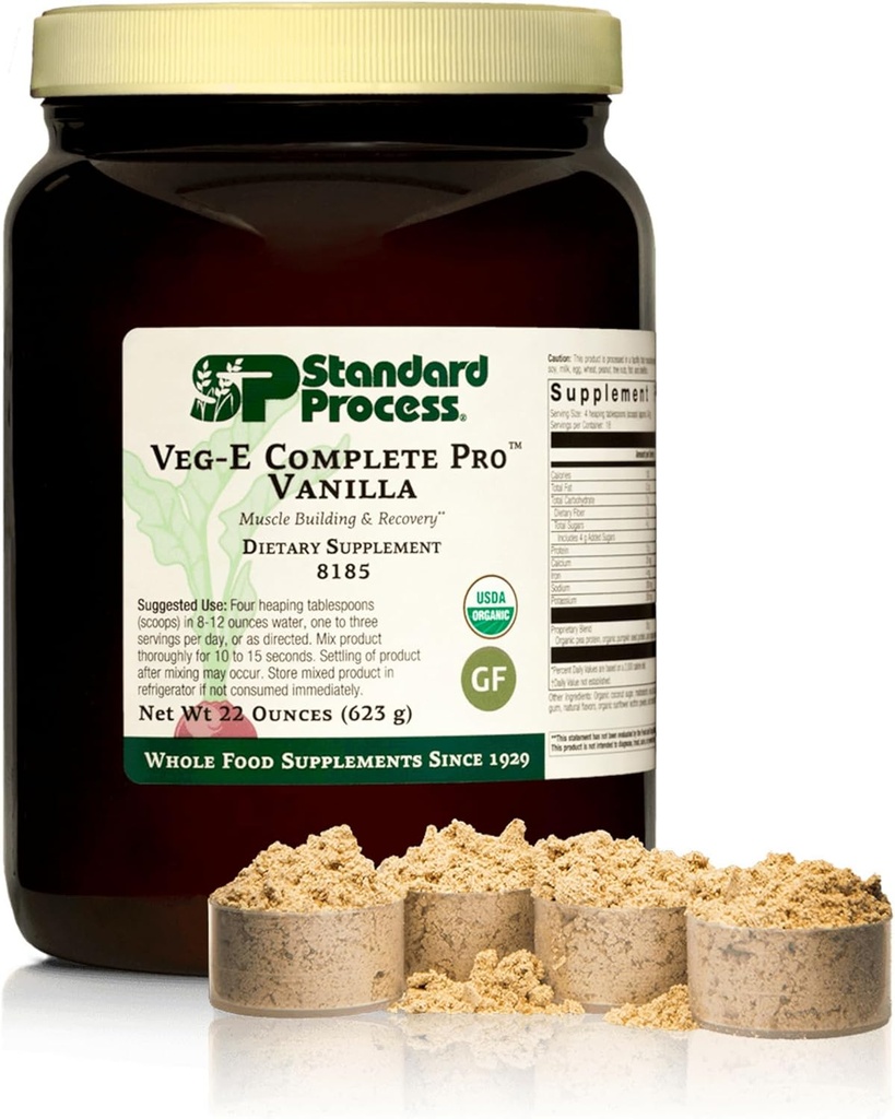 Standard Process Veg- E Complete Pro - Økologisk, Plant- baseret protein pulver til muskeltræning & inddrivelse - Understøtter hår, hud & negle - Vegan & Gluten- Free - Vanilla, 18 Servere