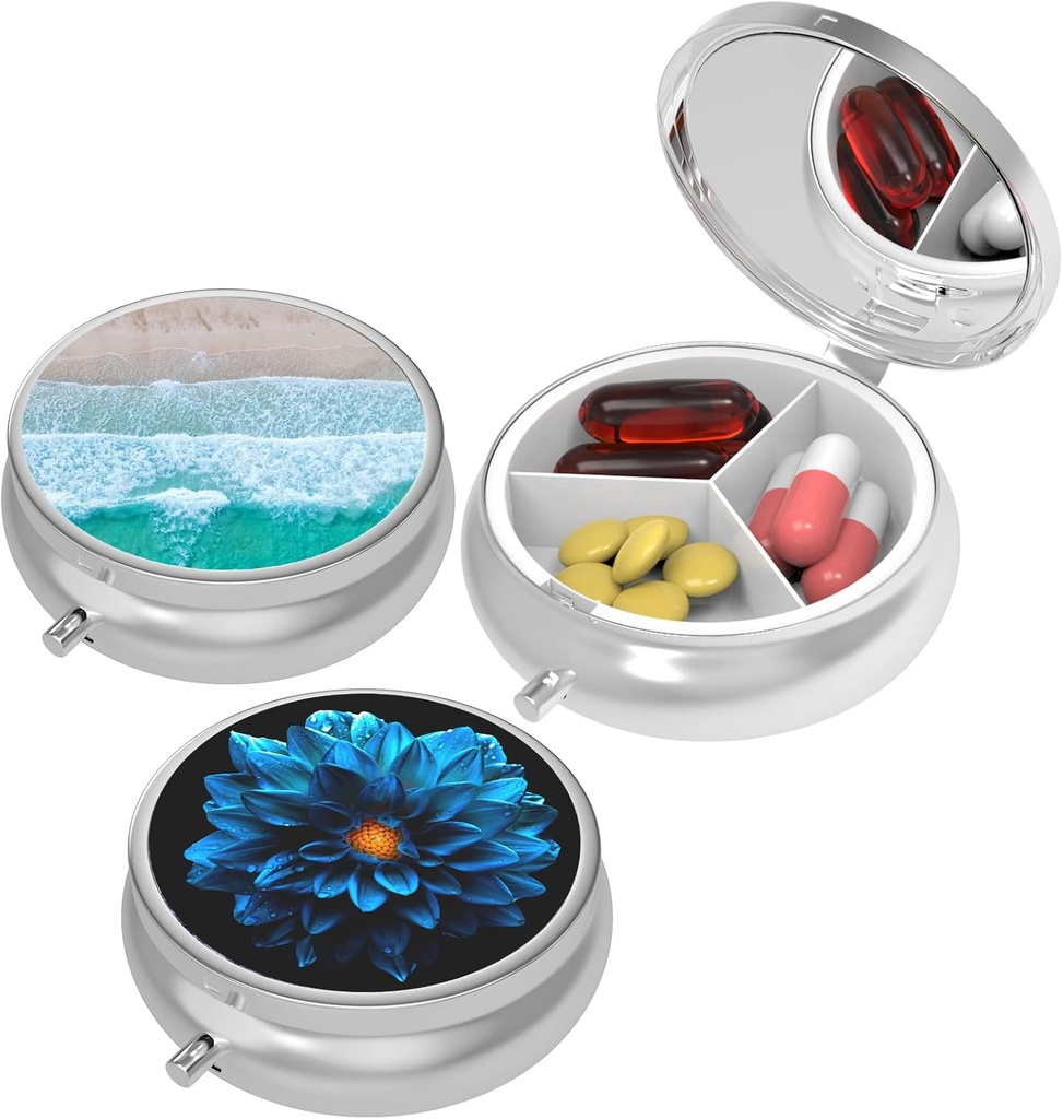 Lille Pill Box, Pill Case for Purse & Pocket, 3 Compartments Travel Pill Case Medicin Organizer Opbevaring til vitaminer, piller, Fish Oil og øreringe, Studs, Bronze- Pink gul blomst