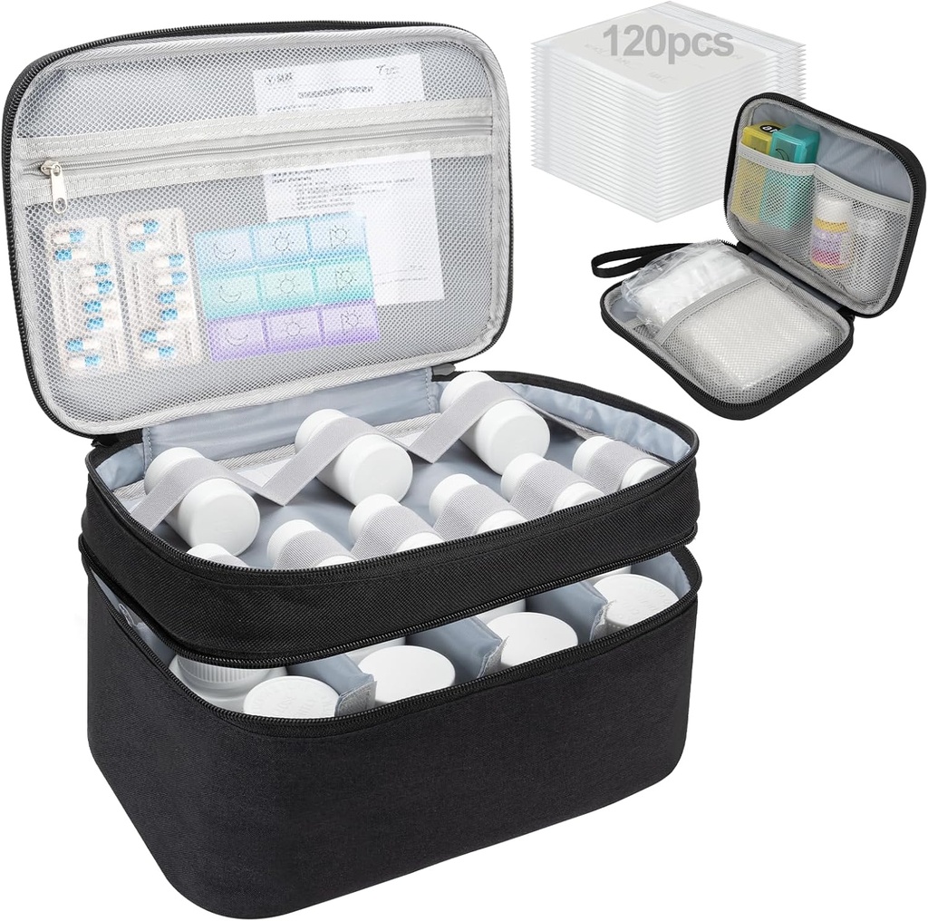Medicin Organizer Bag, Dual Layer Pill Flaske Organizer Opbevaring Bag med justerbar Divide, Medicin Rejsepose til piller, Vitaminer, Medicinske forsyninger til hjemmet med Pill Carriing Bag & Pill Pouch Bag