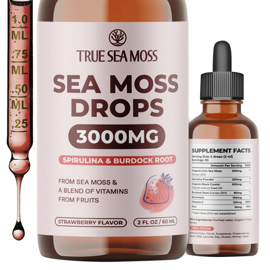 TrueSeaMoss Irish Sea Moss Drops - 5X stærkere end Sea Moss Gel - 92 + Essentials Minerals - med Spirulina pulver, Burdock Root & Black Cumin - 2 Fl Oz (60ml) - Strawberry Flavor
