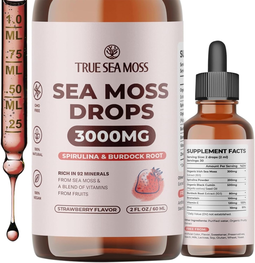 TrueSeaMoss Irish Sea Moss Drops - 5X stærkere end Sea Moss Gel - 92 + Essentials Minerals - med Spirulina pulver, Burdock Root & Black Cumin - 2 Fl Oz (60ml) - Strawberry Flavor