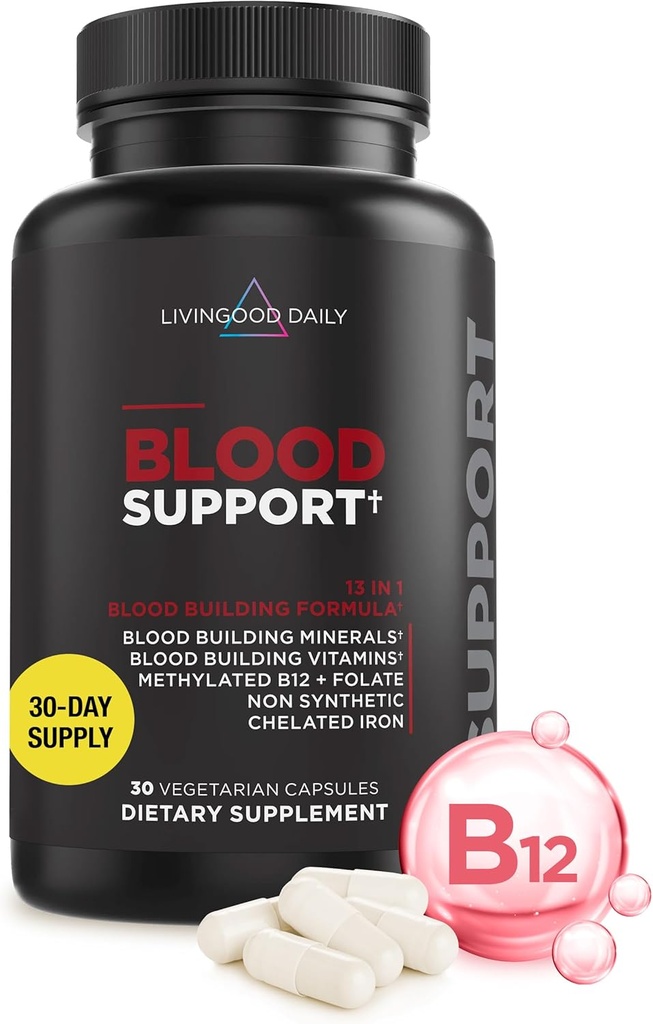 Livingood Daily Iron Supplement for kvinder & mænd, Blood Support Formel med Chelated Iron, Metyleret B12, C-vitamin, Zink & Folate, Vegan, Non GMO, Gluten Free, Allergen Free, 30 kapsler