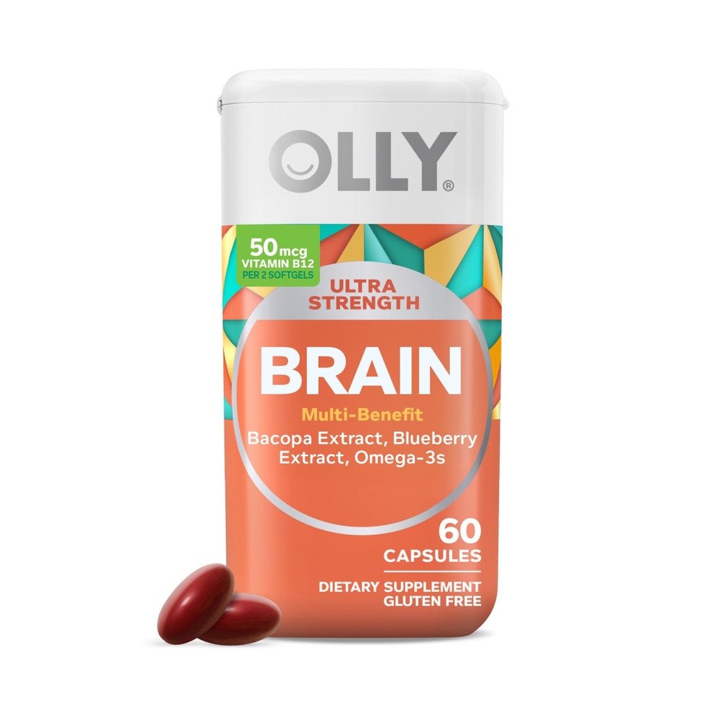 OLLY Ultra Strength Brain Softels, Nootrop, Understøtter sund hjerne funktion, hukommelse, fokus og koncentration, Omega- 3s, Vitaminer B6 og B12, 30 dages forsyning - 60 Greve