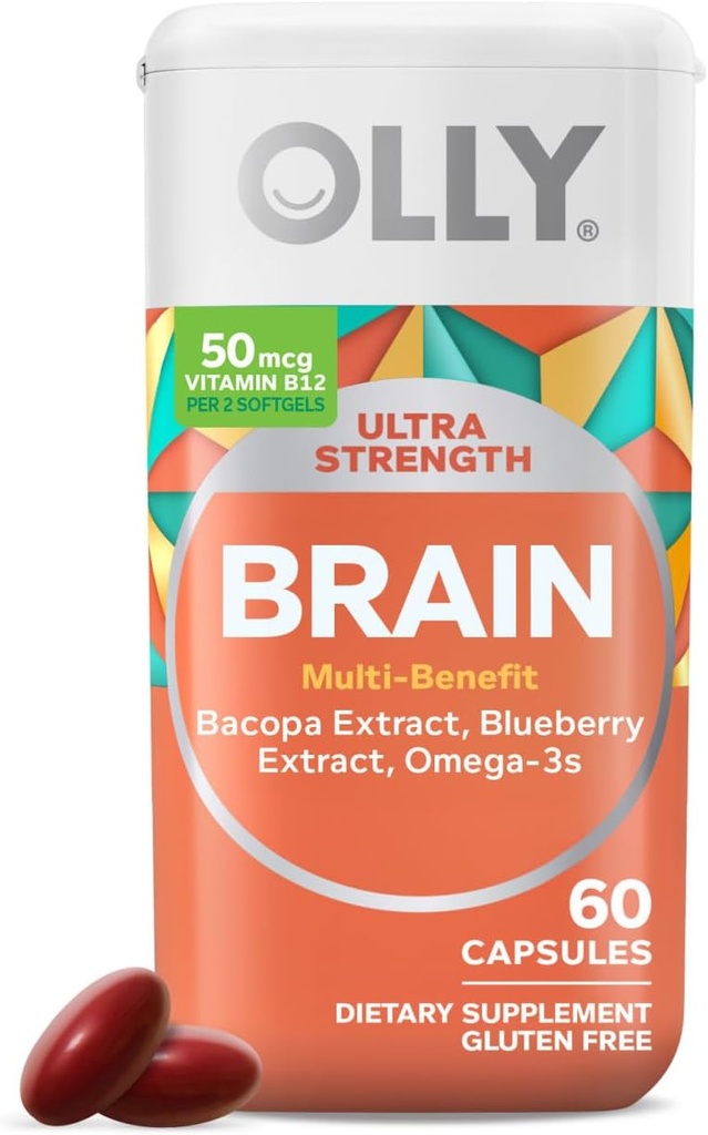OLLY Ultra Strength Brain Softels, Nootrop, Understøtter sund hjerne funktion, hukommelse, fokus og koncentration, Omega- 3s, Vitaminer B6 og B12, 30 dages forsyning - 60 Greve