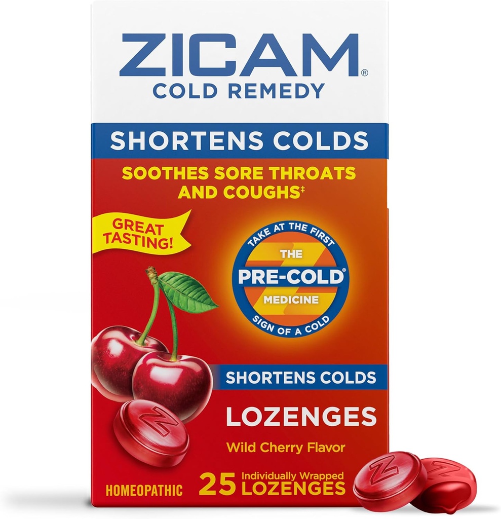 Zicam Cold Remedy Zink Lozenges, Wild Cherry Flavor, Homøopatisk, Sodhes Sore Hals and Houghs, Cold Shorting Medicine, Shortens Cold Varighed, 25 Greve