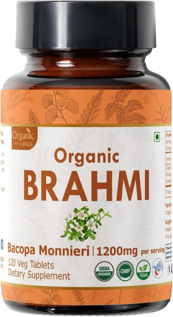 Brahmi 120 Tablets - USDA Organic Bacopa Monnieri Supplement - Understøtter fokus, ro og hukommelse - Urte Nootrop *