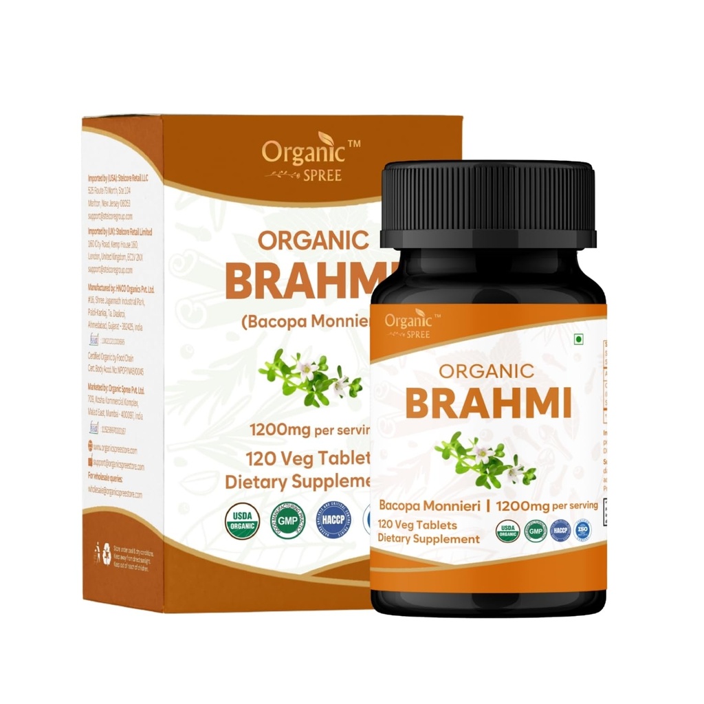 Brahmi 120 Tablets - USDA Organic Bacopa Monnieri Supplement - Understøtter fokus, ro og hukommelse - Urte Nootrop *