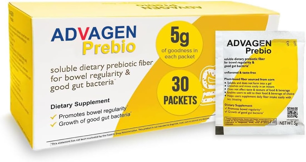 ADVAGEN, Prebio Fiber Supplement Powder Unflavored - Opløselige Prebiotic Fiber Powder, Unflavored on the Go Packets, Ikke GMO støtter Gut Health, Bloating & Constipation Relief for Women Men 30 Servering