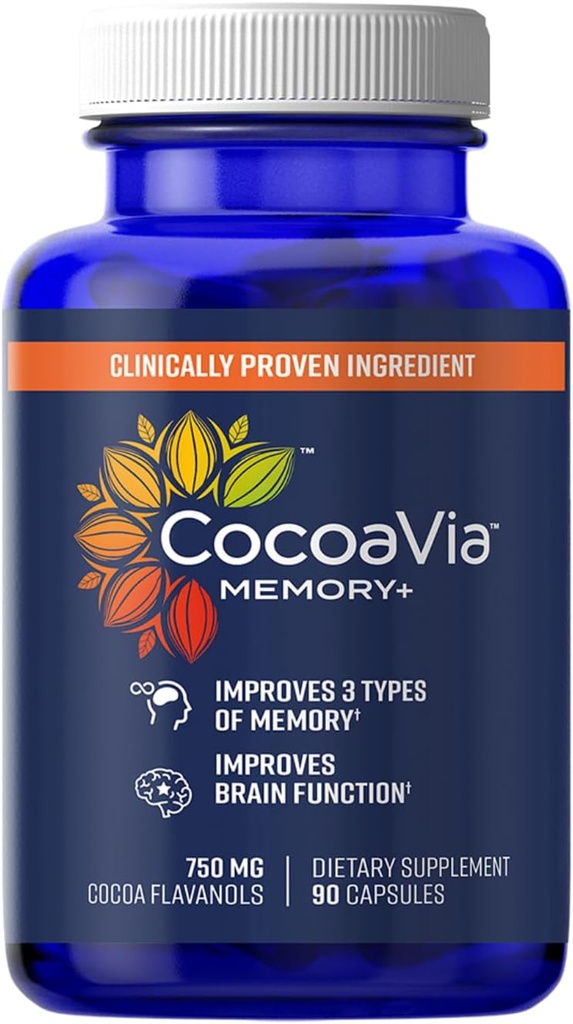 CocoaVia Memory + Brain Supplement, Clinically Proven Memory og Brain Booster, Plant Based Supplement, Sugar Free, Gluten Free, Vegan, 750 mg Cocoa Flavanols Kapsler, 30 dages forsyning