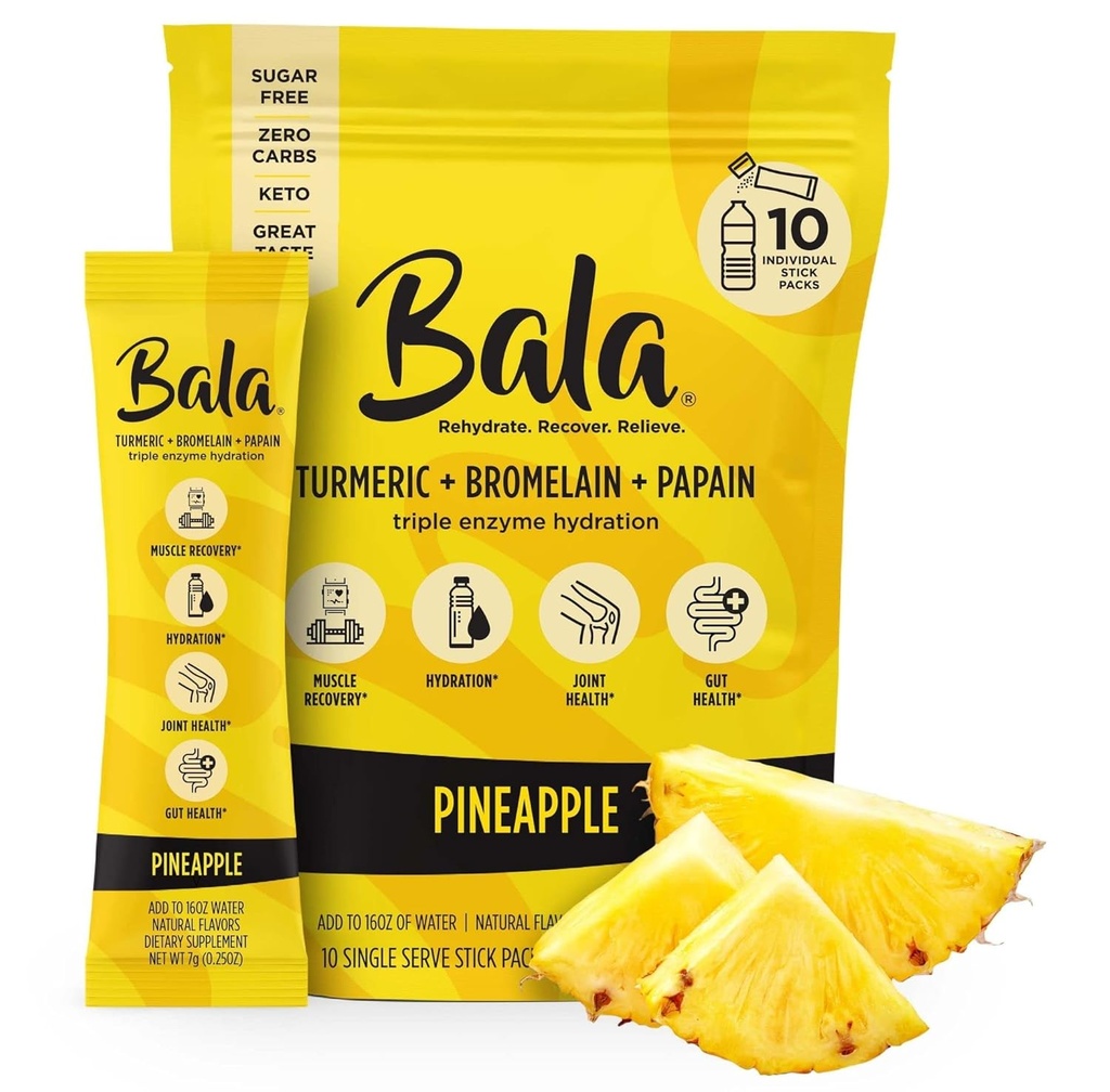 Bala Enzyme Hydration & sukkerfri drik mix - gurkemeje, bromelain, papain, immunitet, mobilitet - Ananas 0,25oz (10 Greve)