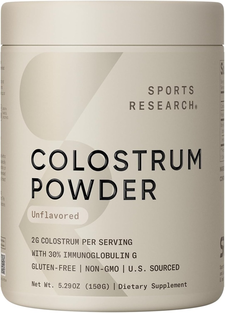 Sport Research ® Bovine Colostrum Powder - Nem at blande, Single Ingredient Superfood - Immunity Support & Gut Health w / IgG Antibodies - U.S. Sourced · Non- GMO · Gluten Free - 75 Serveringer (Unflavored)
