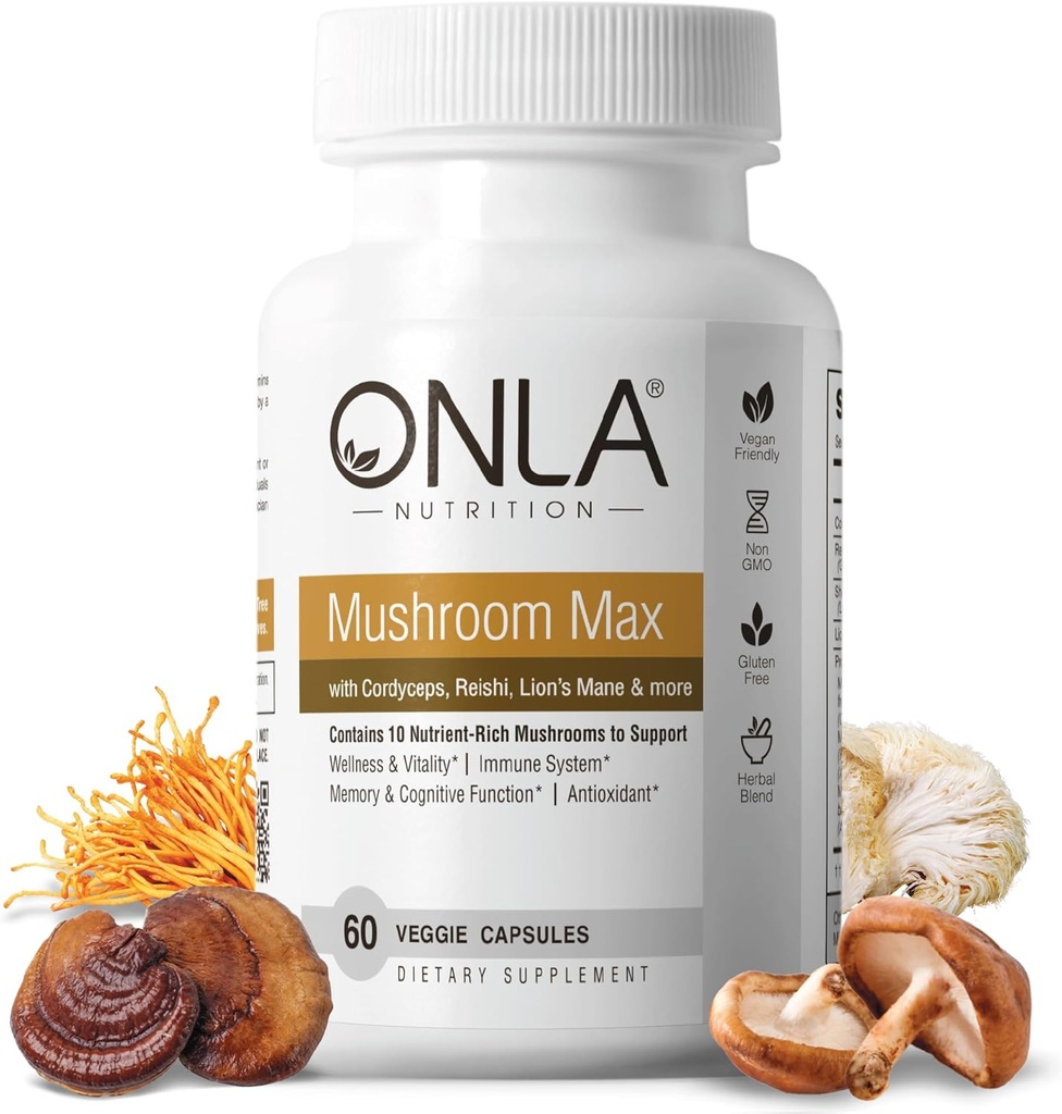 ONLA Vegan Mushroom Supplement - 10-in-1 Lions Mane Mushroom, Reishi Mushroom, Cordyceps, Shiitake - Mushroom kapsler til immunsystem, naturlige hjernemuskler til hukommelse og fokus (60 Cap)