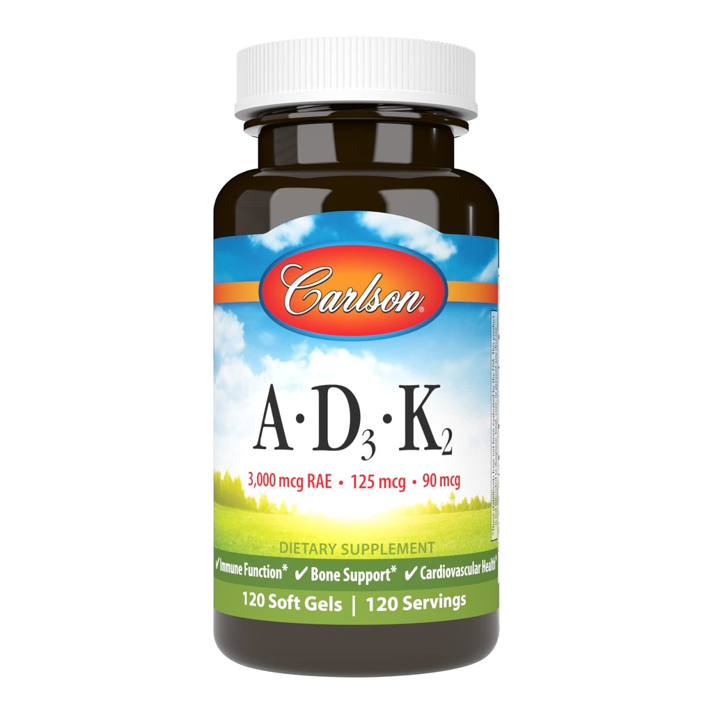 Carlson - Vitamin A, D3, K2, 3000 mcg RAE Vitamin A, 125 mcg D3, 90 mcg Vitamin K2 som MK- 7, Knoglebygning, Calcium Anvendelse, 120 Soft Gels
