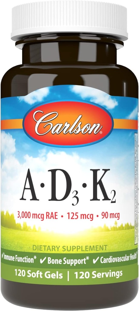 Carlson - Vitamin A, D3, K2, 3000 mcg RAE Vitamin A, 125 mcg D3, 90 mcg Vitamin K2 som MK- 7, Knoglebygning, Calcium Anvendelse, 120 Soft Gels