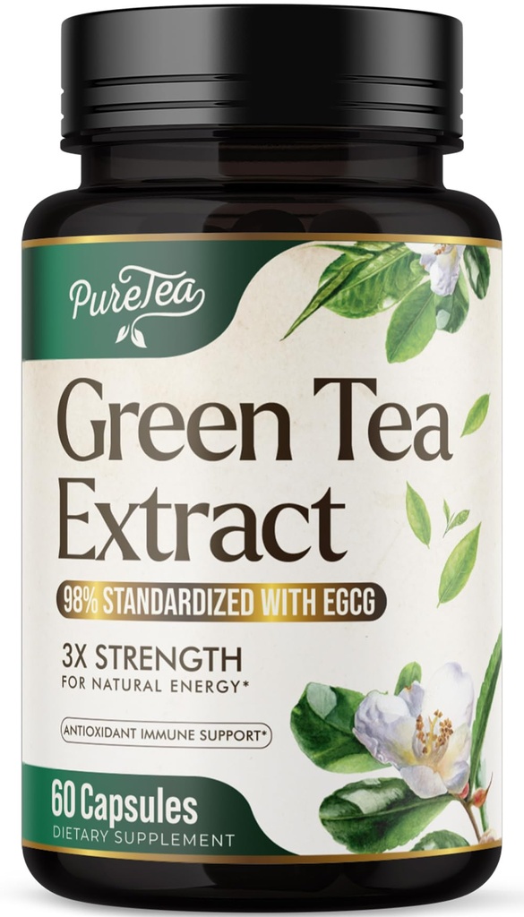 Green Tea Extract kapsler 1000mg med 45% EGCG & 98% Polyphenoler til hjertestøtte med antioxidanter - 3X Absorption Green Tea Pills Supplement for Natural Energy, Gentle Koffein - 60 kapsler