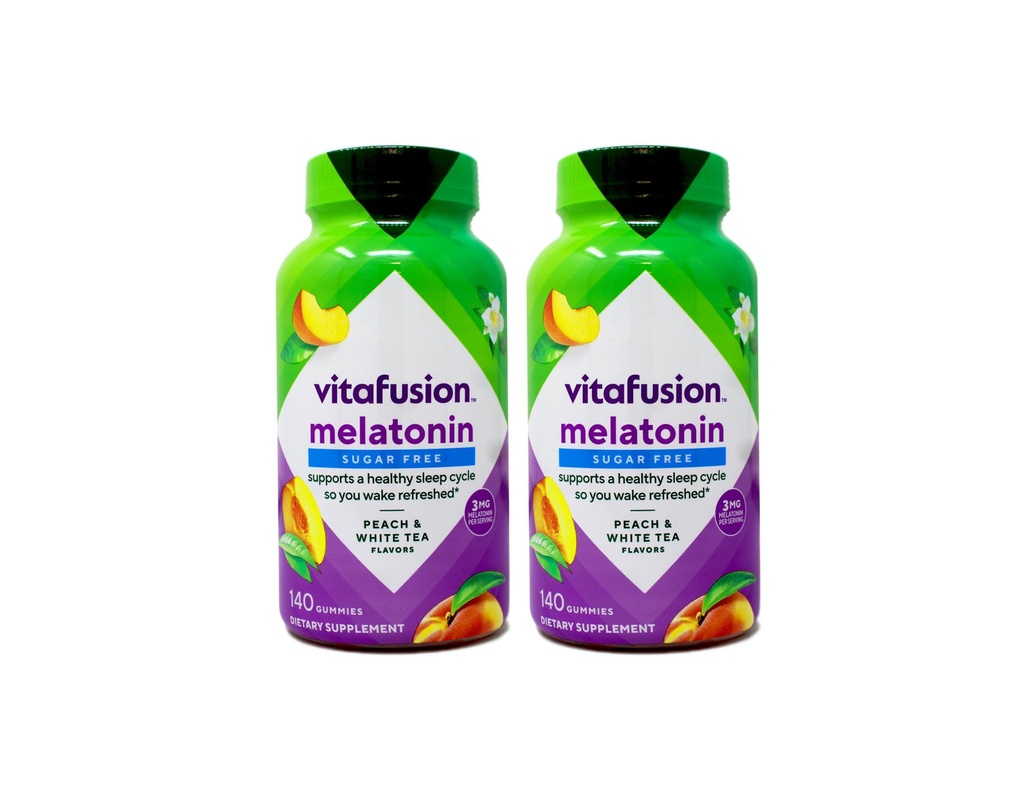 Viafusion 3 mg Melatonin Gummy Supplement, Awake Refreshed, Sleep Support & Jet Lag Aid, Sukkerfri, Kosttilskud, Natural White Tea & Peach Flaves, 140 Greve (Pack of 2)