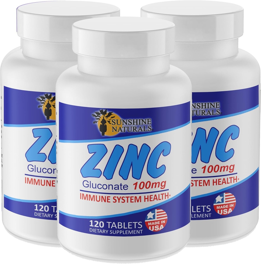 Sunshine Naturals Zink Gluconate Mineral Supplement - Understøtter immunsystemet, fremmer sårheling, forbedrer hudsundhed, giver antioxidant forsvar - 100mg, 120 tabletter, høj potens