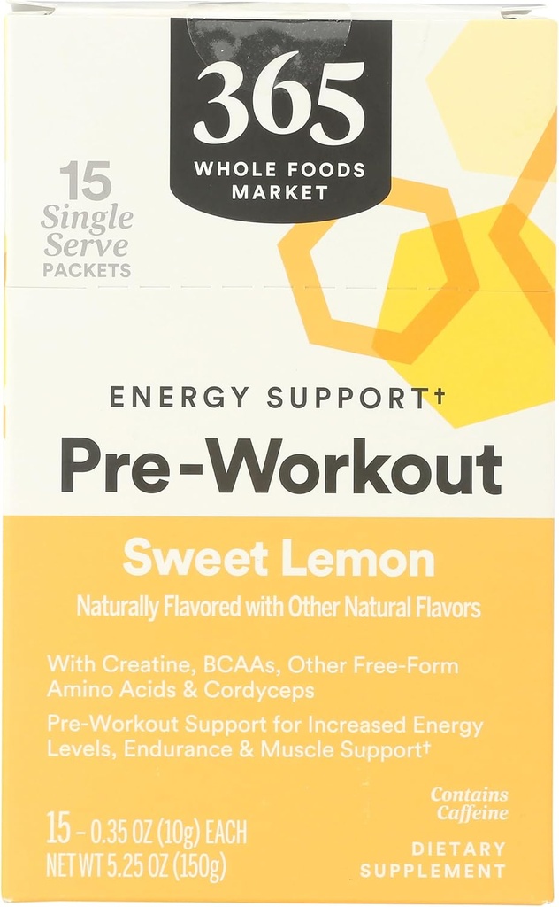 365 af Whole Foods Market, Pre- workout Energy Support med koffein, Single-Serve Packets, Sweet Lemon, 15 Greve