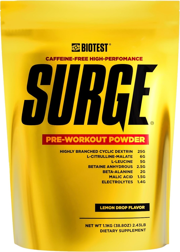 Surge Præ- Workout Powderl - 25 g Højforgrenet Cyklisk Dextrin, 6,5 g Citrullin Malat, 5 g L- Leucin, 2,5 g betain Anoval, 2 g Beta- Alanin, 1,4 g Electrolyte Blend - 1,1 kg