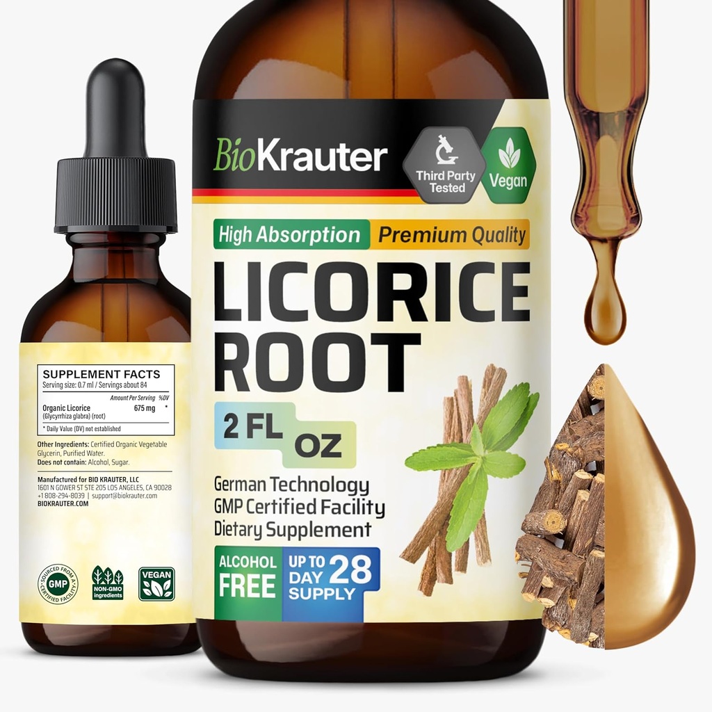 BIO KRAUTER Lakrids Root tinktur - Lakrids Root Extract til fordøjelsesstøtte - Alkohol og sukker gratis - Vegan Drops 2 Fl.Oz.