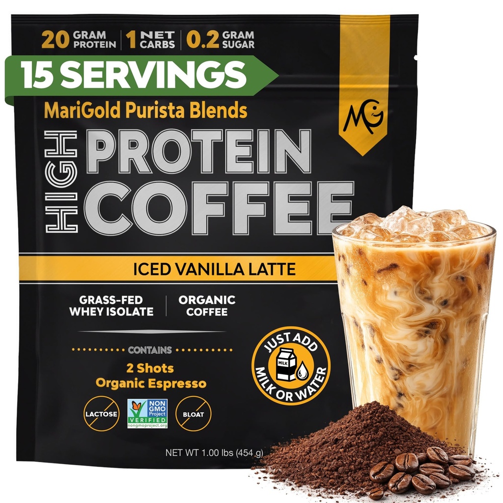 MariGold High Protein Coffee - Iced Vanilla Latte, 20g Grass- Fed Whey Protein Isolate, Energy & Workout Boost, 2 Shots Organic Espresso, Non- GMO, 1 Net Carb, 1 Lb Bag, 15 Servere
