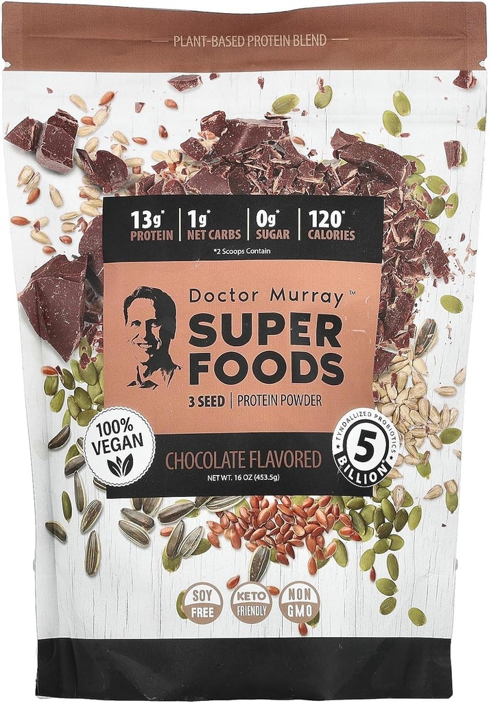 Dr. Murray 's Super Foods, 3 Seed Protein Powder, Pumpkin + Flax + Solsikke, Chokolade, 16 oz (453,5 g)