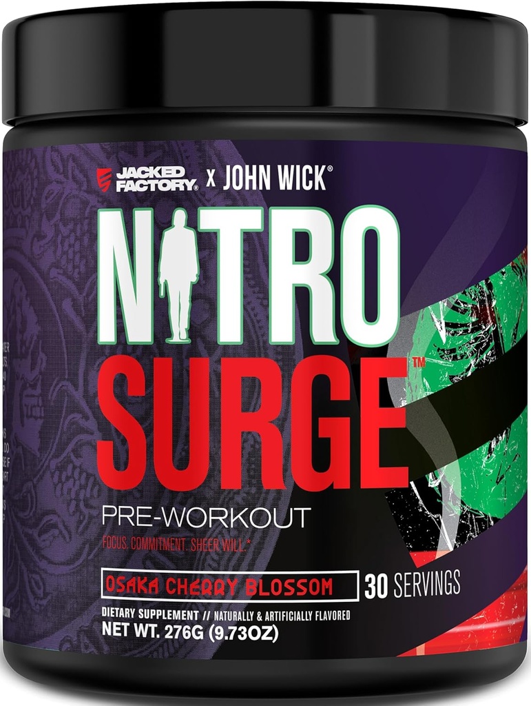 Jacked Factory X John Wick - Nitrobølge Wick Pre Workout Supplement - Intense Energy, Battle- Ready Focus, Ustoppelig engagement, og Sheer Will - 30 Serveringer, Osaka Cherry Blossom