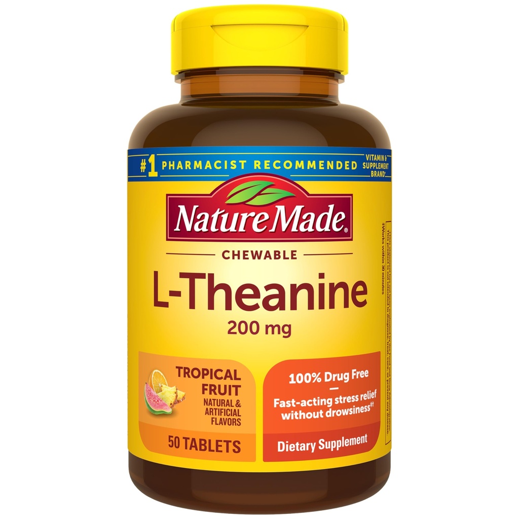 Nature Made Chewable L Theanine 200mg, L- Theanine supplement til stress Relief, 50 tyggetabletter, 50 dages forsyning