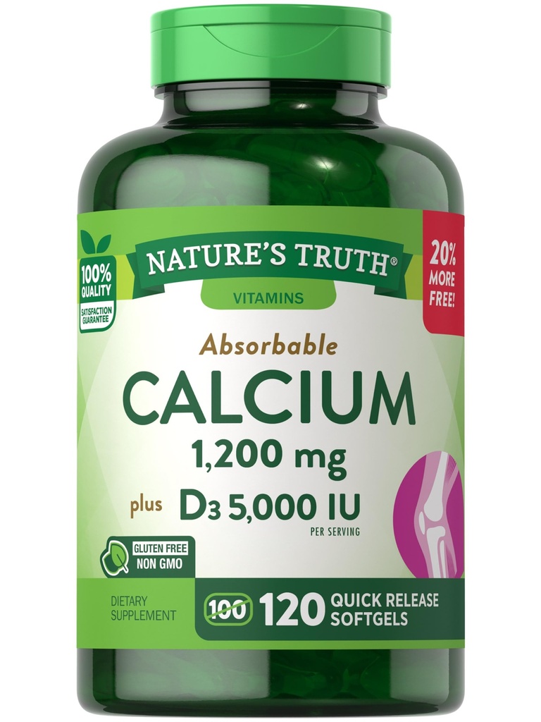 Nature 's Truth Calcium 1200 mg Plus D3 5000 IE Kosttilskud, 120 Tæl (pakning med 3)
