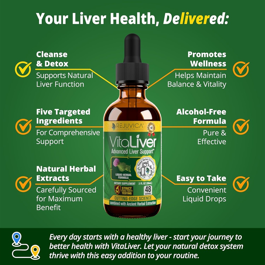 VitaLiver - Levertilskud - Support Lever Rense & Detox - Flydende levering til Absorption - Milk Thistle, Artiskoke, Chanca Piedra, Mælkebøtte & mere!
