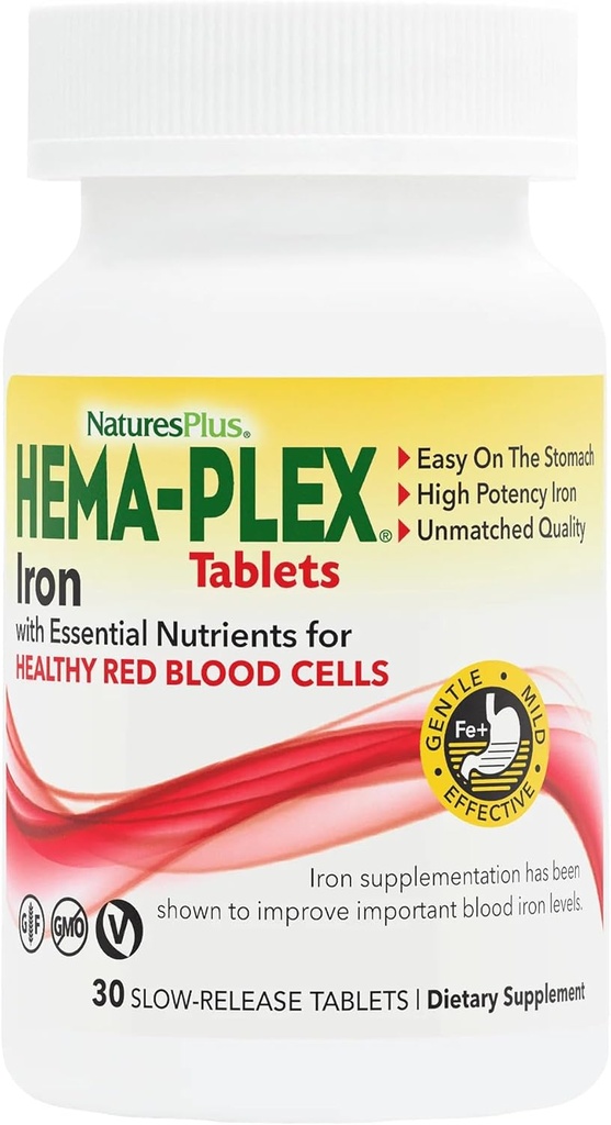 NaturesPlus Hema- Plex Iron - 30 Slow-Release Tablets - 85 mg Chelated Iron - Total Blood Health - med C-vitamin & Bioflavonoider - Ikke GMO, Vegetar & Gluten Gratis - 30 Servere