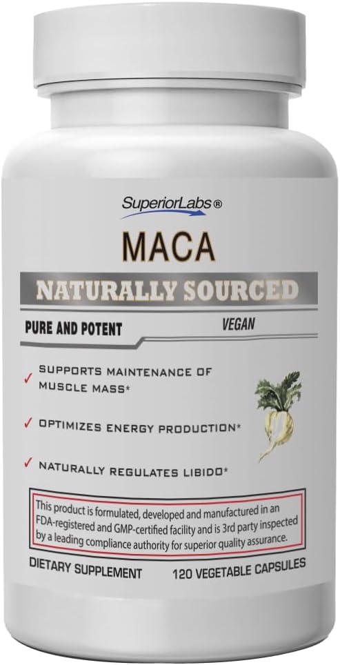 Superior Labs - Organic Peruvian Maca - 100% Pure NonGMO - Kosttilskud til opkalkning og relaksering - Zero Synthetic Additives, Stearates, Dioxids - 750mg, 120 Vegetabilske kapsler
