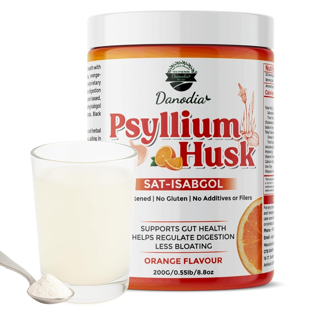 Danodia Foods Organic Psyllium Husk Powder Mild Orange Flavor, 200g (8.8oz) Note 124; Sat- Isabgol med 5 Tilsatte urter