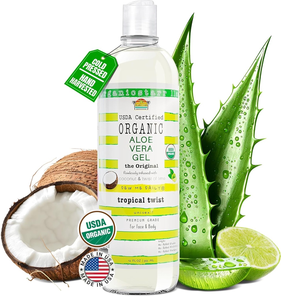 USDA Certified Organic Aloe Vera Gel 12 oz - 100% Pure, Cold Pressed, Hand Hartered, Infunded with Coconut, Lime & Verbena Essential Oliils, Chemical-Free - Skin & Hair Care, Made in USA