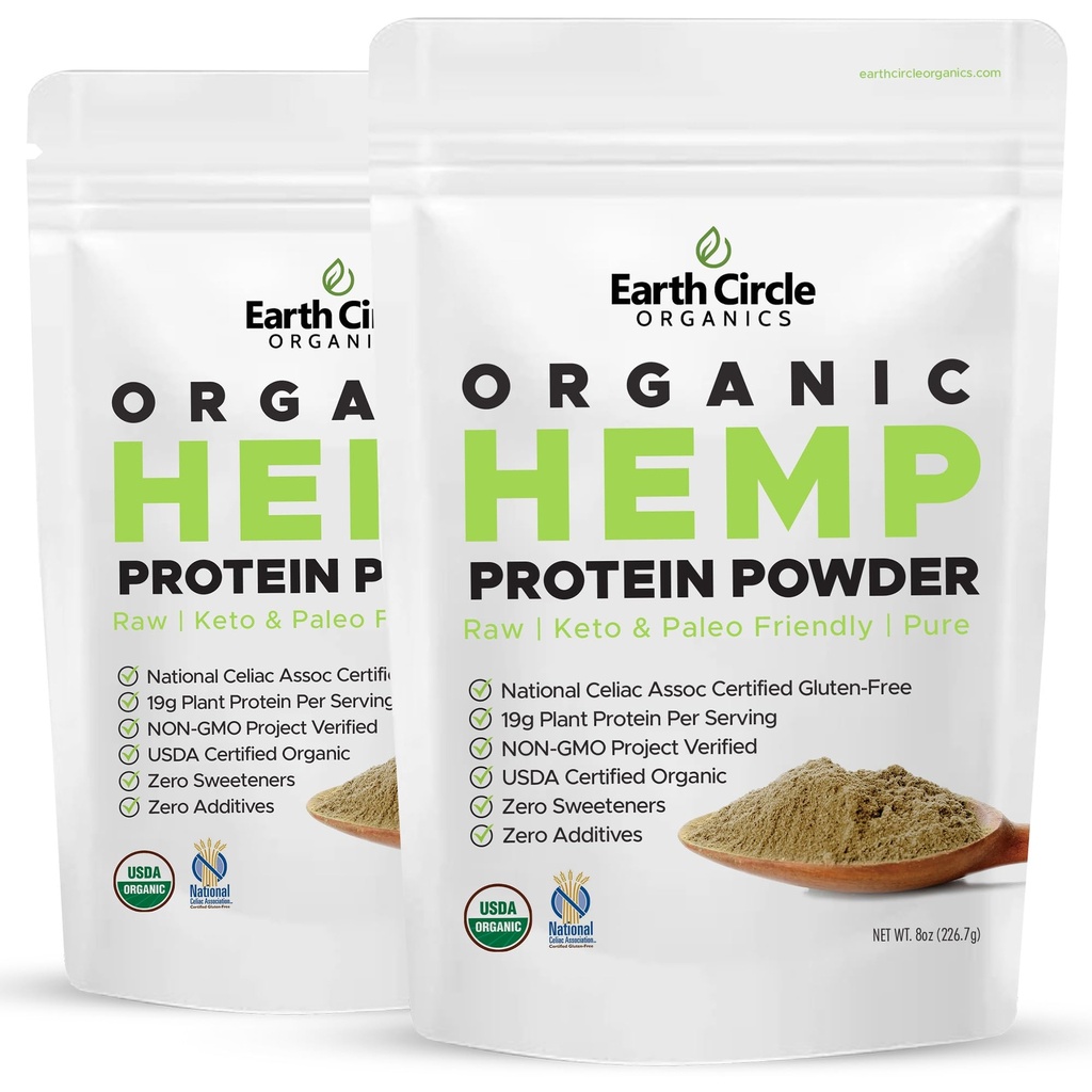 Earth Circle Organics Organic Hamp Protein Powder, Lab Tested 100% Gluten Free, Plant Based & Vegan Raw Protein Powder - Perfekt til Keto, Meal Erstatning Shakes, Pre & Post Workout (8oz, pakke med 2)