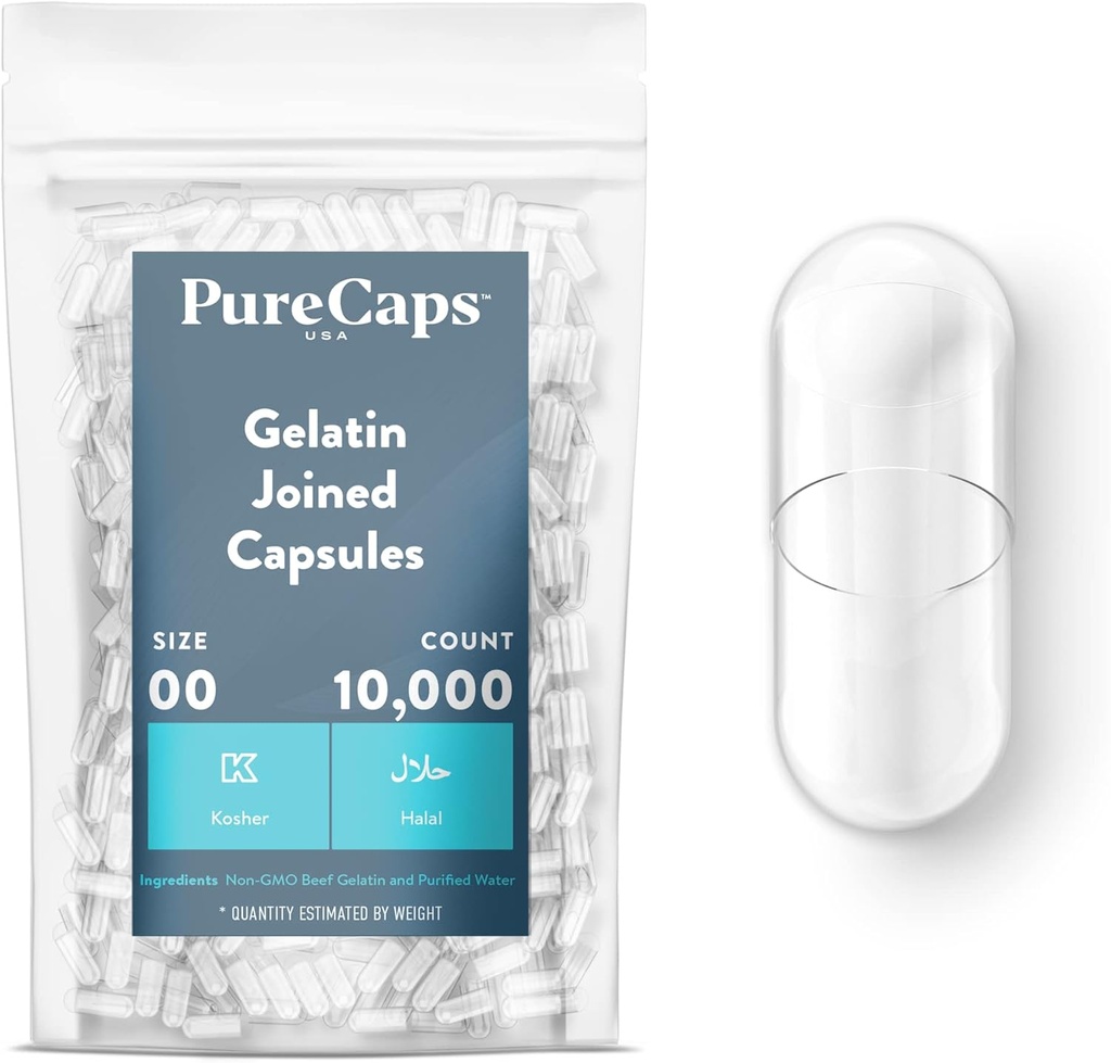 PureCaps USA - Tomme Gelatine kapsler Størrelse 00 Budding124; 10.000 Forenede Pills