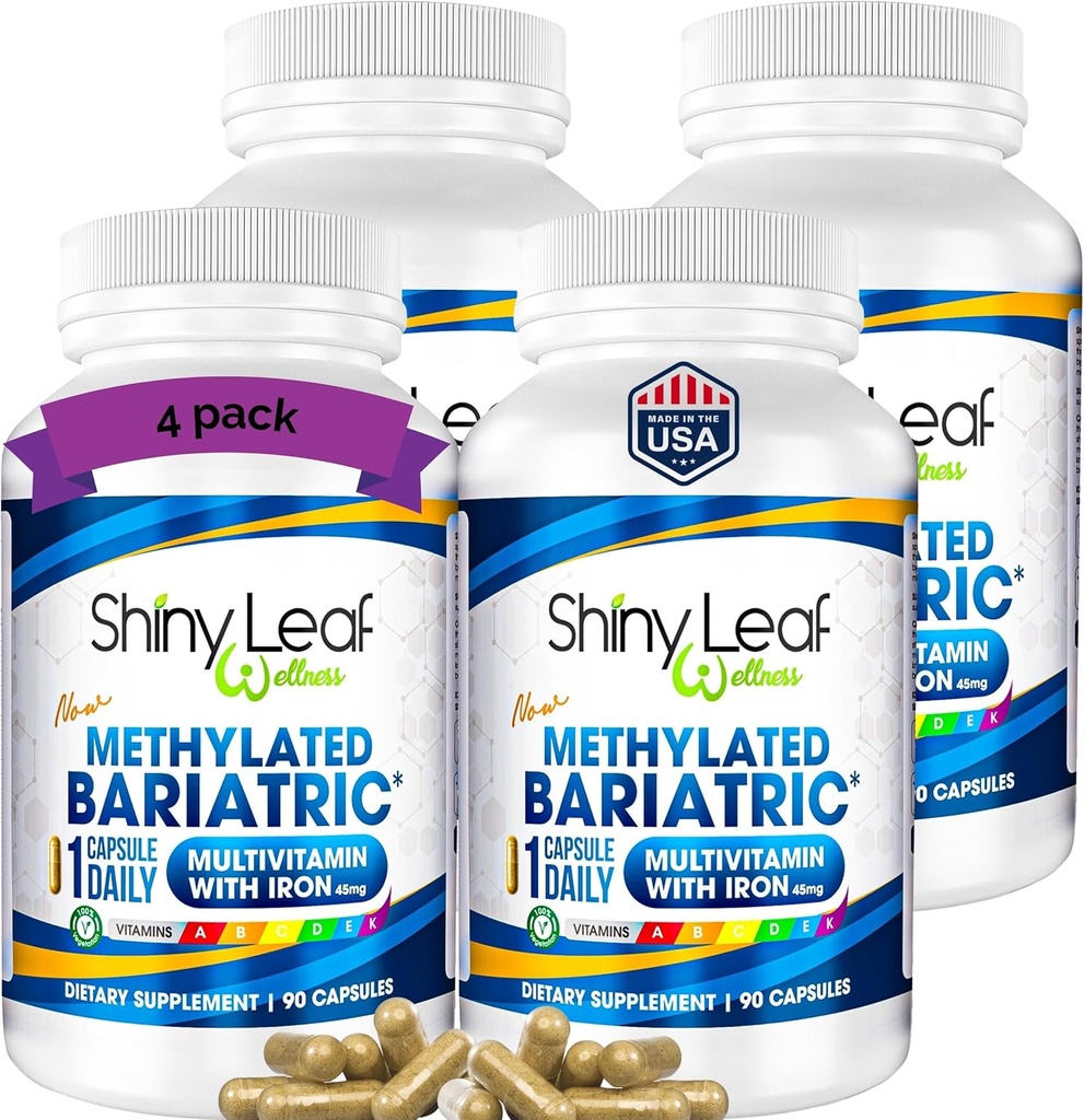 Shiny Leaf Metyleret Bariatric Multivitamin med jern 45mg - Når daglig kapsel, ASMBS Compliant Bariatric Vitamin til Gastric Bypass & Gastric Sleeve, for Mænd og Kvinder, USA Made - 4 Pack (360 Tæl)