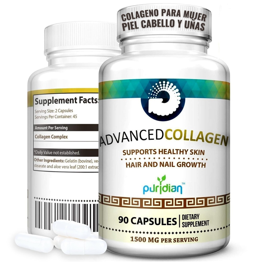 Colageno Hidrolizado para Mujer Pastillas Advanced Collagen + para La Cara, Cabello, Uñas Y Piel Saludable - 90 Capsulas De 1500 mg De Colágeno Puro Y Natural
