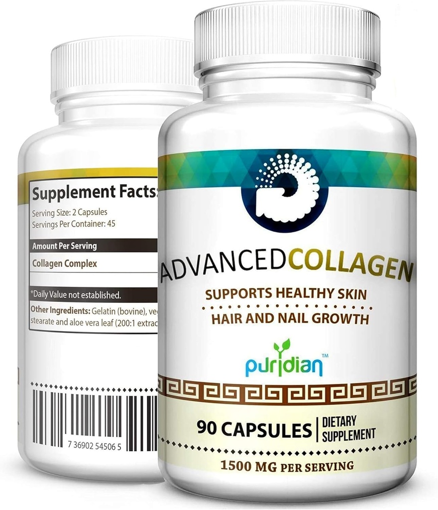 Colageno Hidrolizado para Mujer Pastillas Advanced Collagen + para La Cara, Cabello, Uñas Y Piel Saludable - 90 Capsulas De 1500 mg De Colágeno Puro Y Natural