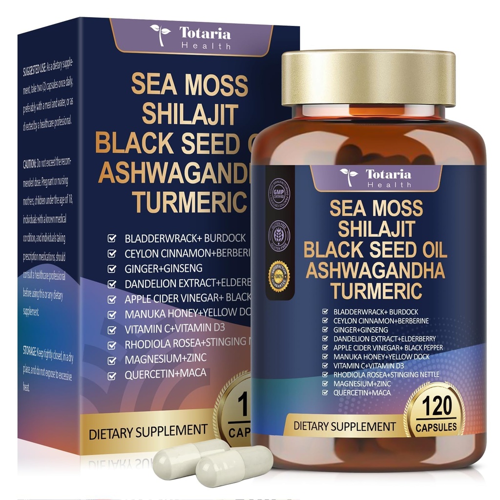 25-in-1 Sea Moss Black Seed Oil Ashwagandha Ginger Shilajit Supplement, Sea Moss Kapsler Pro med Brege Burdock Ceylon Cinnamon Berberine ACV Manuka VIT C & D3 for mænd Kvinder, 120 Vegan Caps