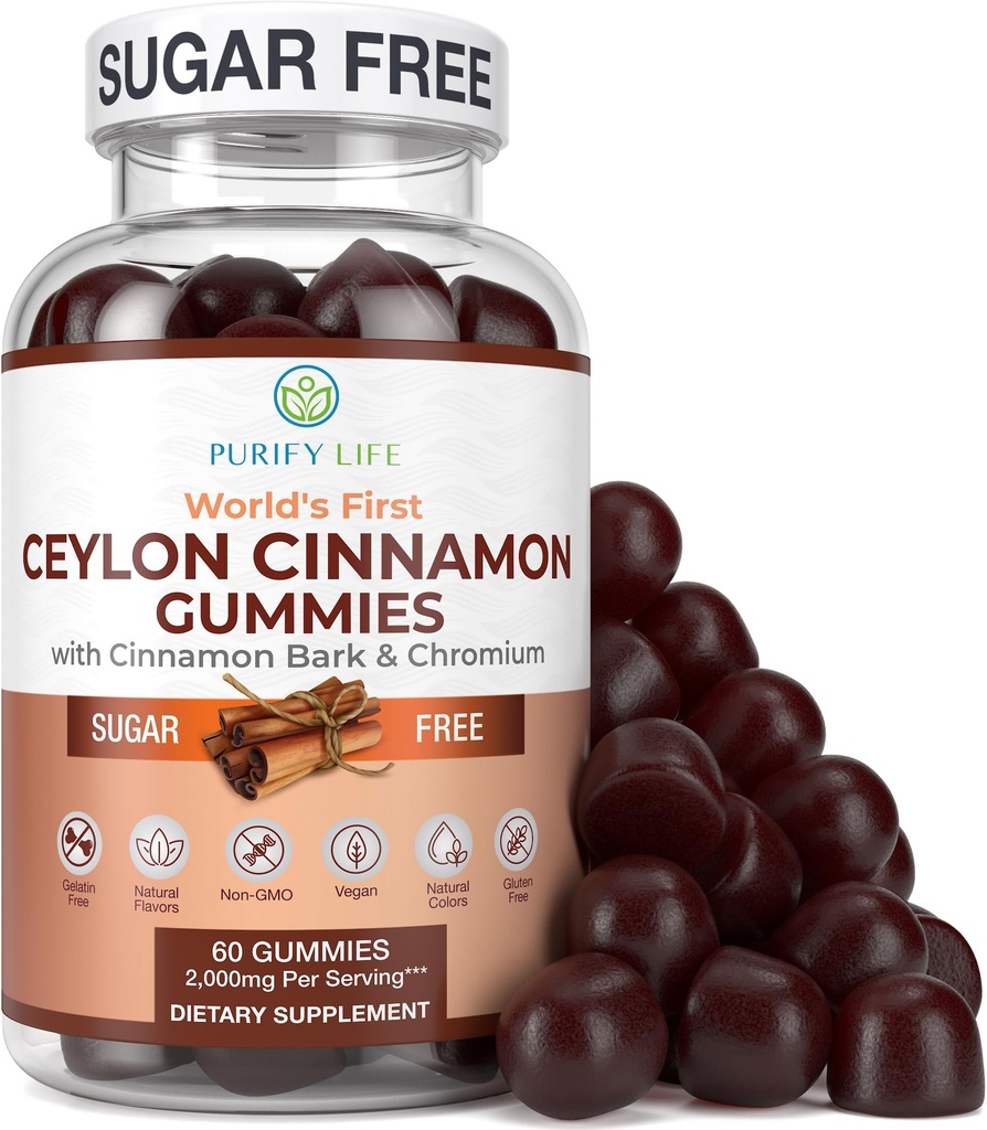 Sukkerfri Ceylon Cinnamel Gummies (2.000mg / servering) Ceylon Cinnamon Supplement for Hjerne Sundhed, Vegan, Glutenfri, Erstat Ceylon Cinnamon Kapsler, Pills, Powder, Extract (60 Chews)