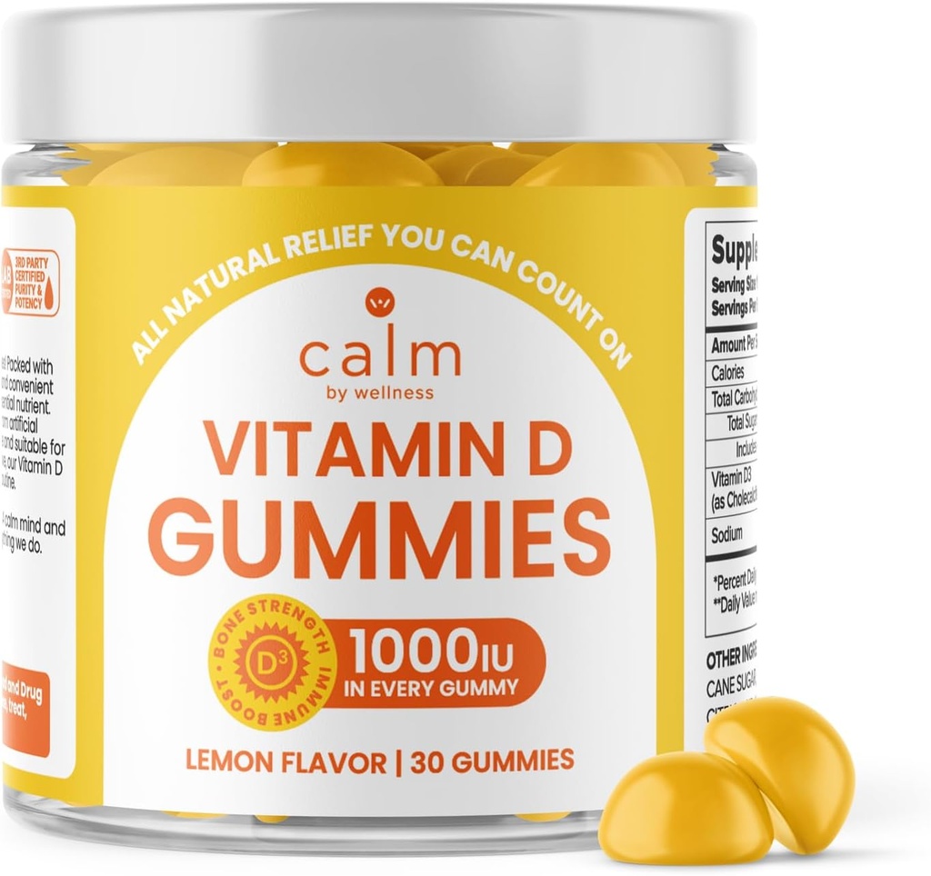 Rolig ved Wellness D-vitamin Gummies for voksne, D3-vitamin Gummy, Vitaminer for ben og immunsystem support, Lemon Flavor, 30 Greve
