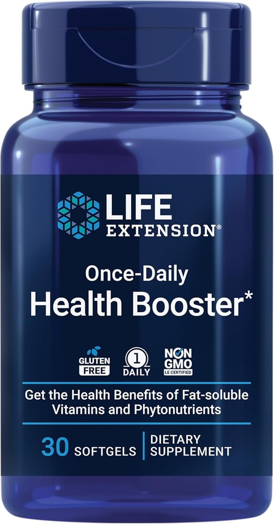 Life Extension Once- Daily Health Booster, Vitaminer E, K1 & K2, phospholipider, Fat- Opløselige næringsstoffer til øje sundhed, Knoglesundhed, Heart Health, Gluten- Free, 1 Daily, Non- GMO, 30 bløddele