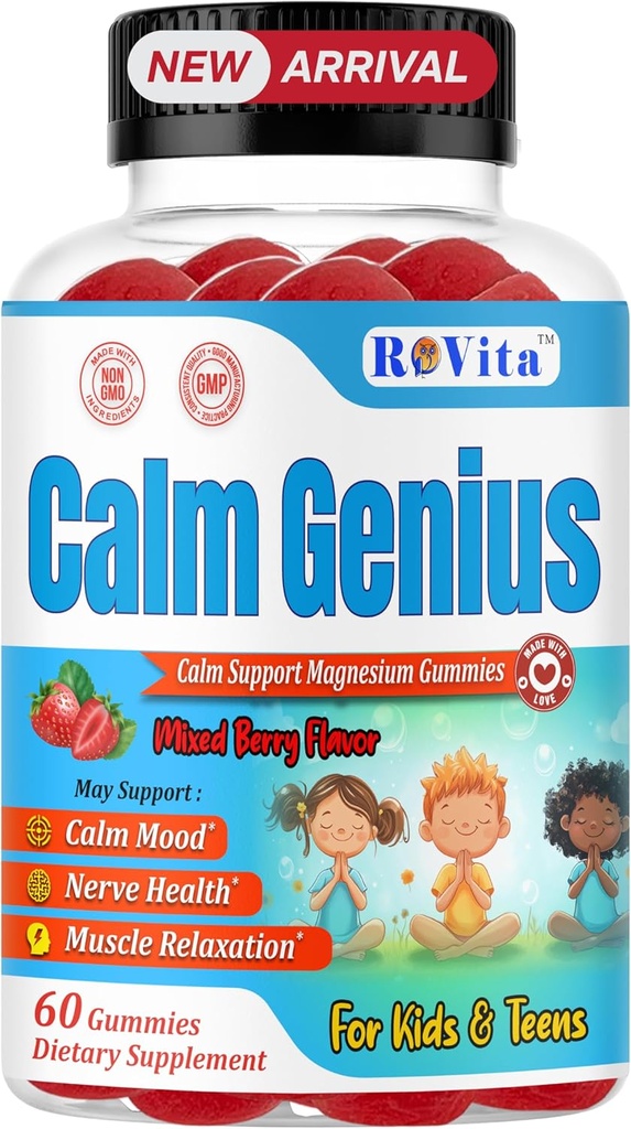 Rolig Genius Kids Magnesium Gummies - rolig & afslapning supplement til børn - understøtter søvn, ben sundhed & muskler - Magnesium Citrate Gummies - 60 Greve, 2 Måned Supply