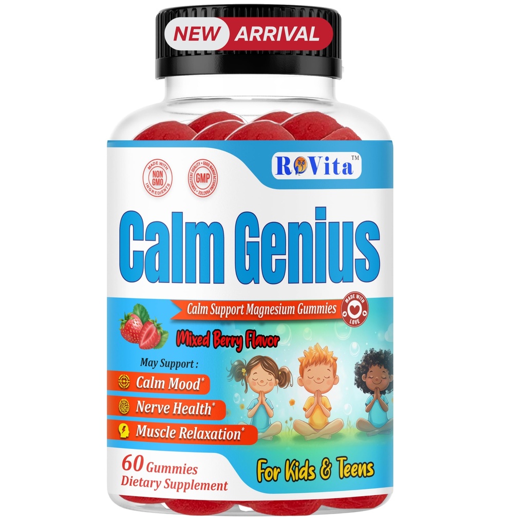 Rolig Genius Kids Magnesium Gummies - rolig & afslapning supplement til børn - understøtter søvn, ben sundhed & muskler - Magnesium Citrate Gummies - 60 Greve, 2 Måned Supply