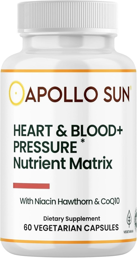 APOLLO SUN Heart and Blood + Pressure Supplement Nutrient Matrix med Hawthorn Extract, Niacin, og COQ10, 60 Vegetariske kapsler