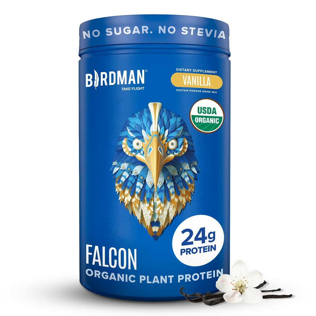 BIRDMAN Falcon Organic Vegan Protein Powder Vanilla, 24g Protein, Sugar Free, Probiotika, Low Carb, Keto Friendly, Dairy Free, Lactose Free, Non Whey, Plant Based Pea Protein Powder - 18 Servere