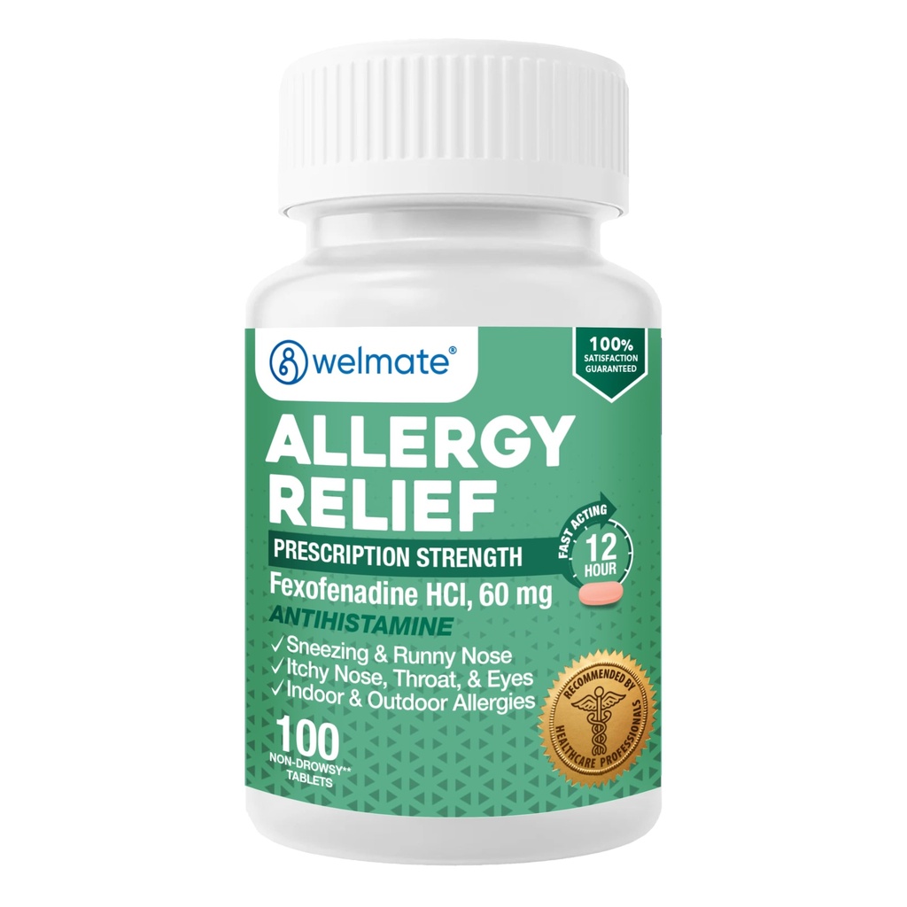 WELMATE - Allergy Relief - Fexofenadine HCl 60 mg - 12 timers non- Drowsy Antihistamin - nysen - Runny Næse - Itchy Eyes, Næse & Hals - Indendørs & udendørs Allergy Relief tabletter - 100 Greve