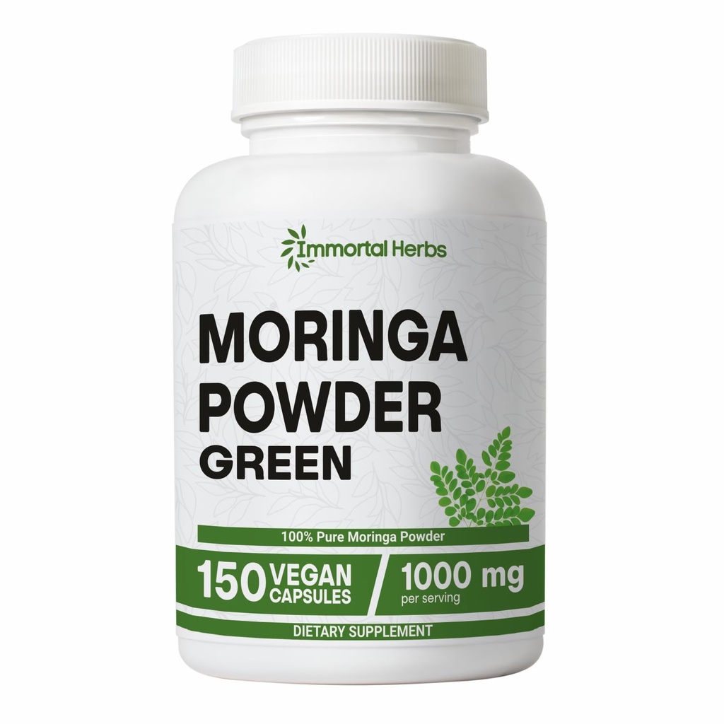 Moringa kapsler, 1000 mg Styrke, 20: 1 Pure Moringa Leaf Powder, fordøjelsesfremmende & immunforsvar Green Superfood, Non- GMO & Gluten Free