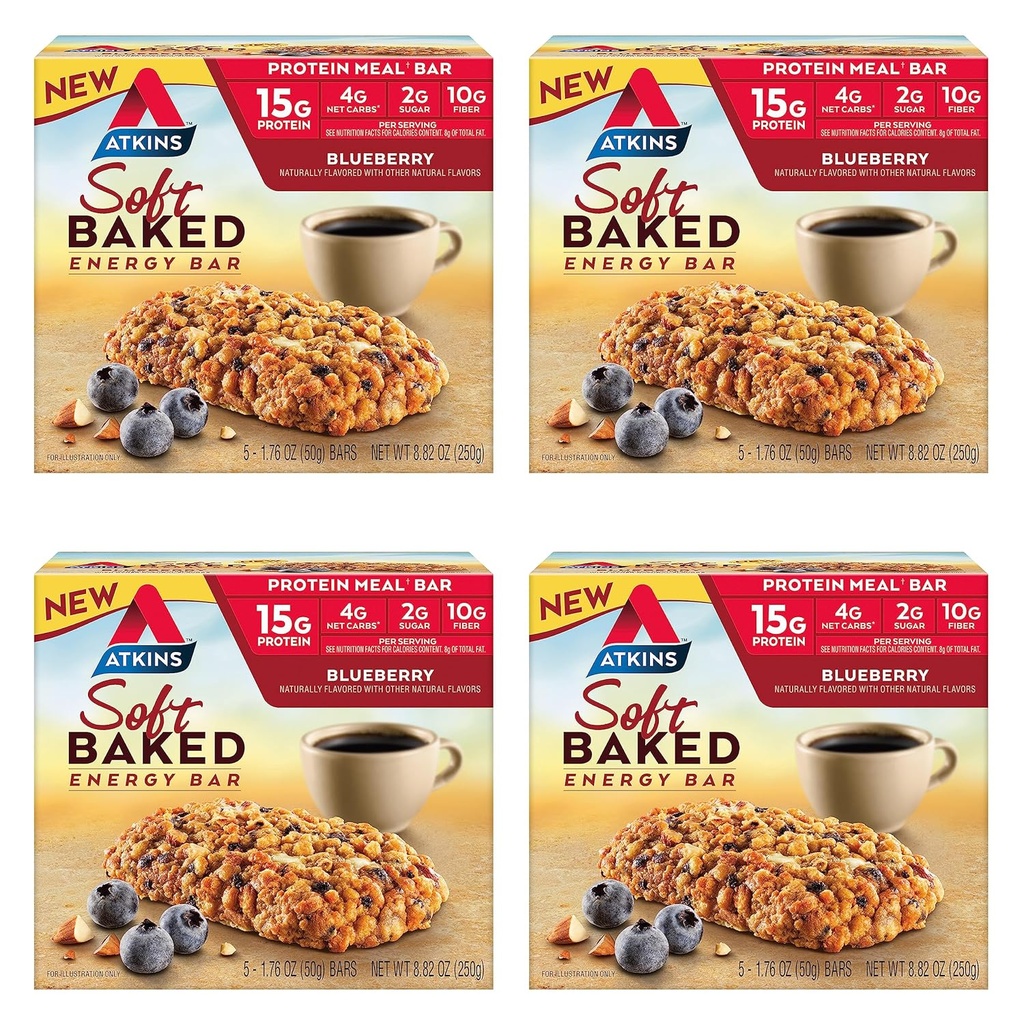 Atkins Blåbær Flavored Soft Baked Energy Bars, High in Protein Snack Bar, Lavsukker, High Fiber Snack, Protein Snack, 4 pakker (4 barer hver)